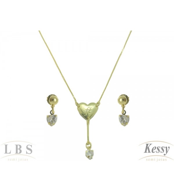 Conjunto LBS & Kessy Folheado Coração + Pendente Com Pedra 