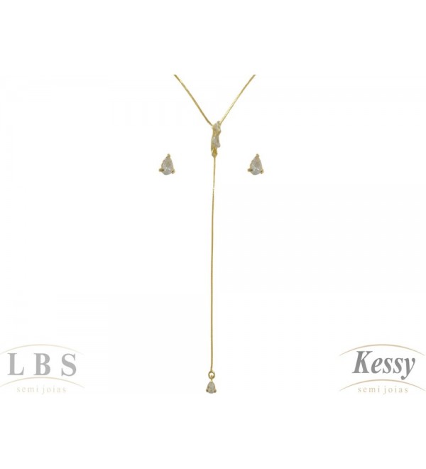 Conjunto LBS & Kessy Folheado Pendente Com Pedra