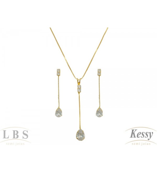 Conjunto LBS & Kessy Folheado Pendente Com Pedra