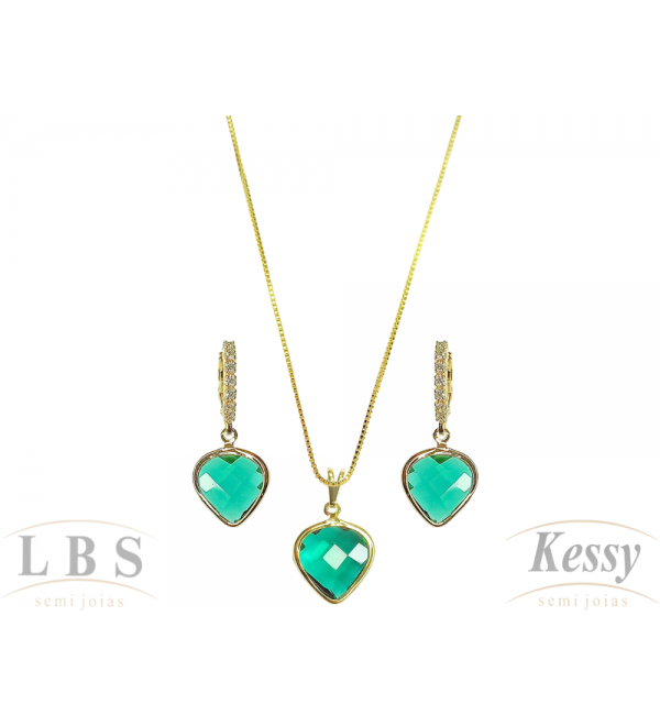 Conjunto LBS & Kessy Folheado Coração + Pedra Cores