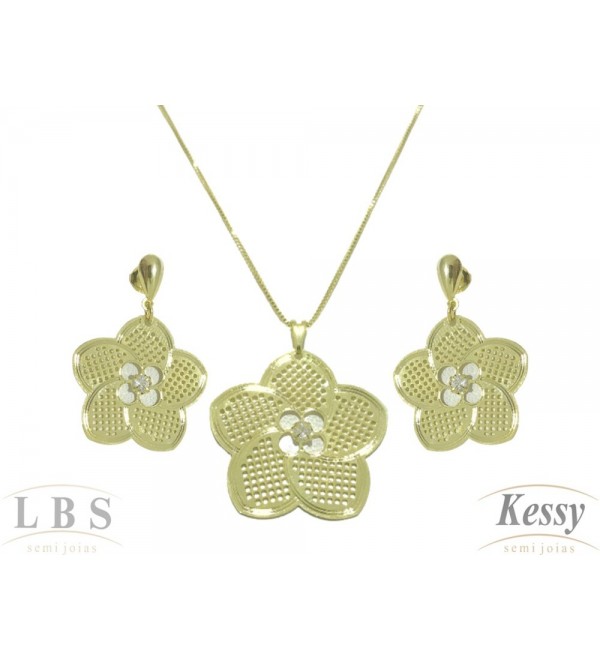 Conjunto LBS & Kessy Folheado Flor Com Pedra 