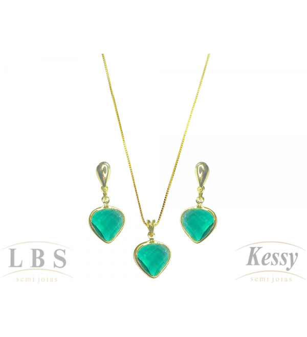 Conjunto LBS & Kessy Folheado Coração + Pedra Cores