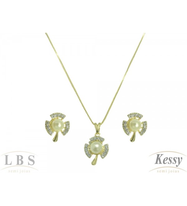 Conjunto LBS & Kessy Folheado Flor Com Pedras + Pérola