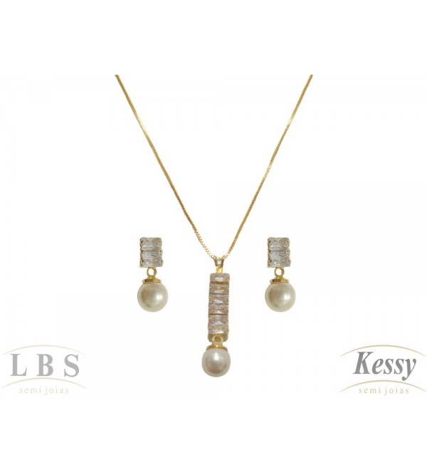 Conjunto LBS & Kessy Folheado Com Pedra + Pérola