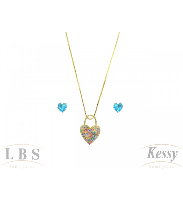 Conjunto LBS & Kessy Folheado Cadeado + Coração + Pedra Cores