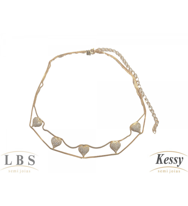 Gargantilha Choker LBS & Kessy Folheado Coração + Pedras - 31cm Ajustável