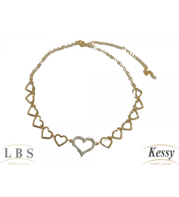 Gargantilha Choker LBS & Kessy Folheado Nossa Corações + Pedras - 31cm Ajustável