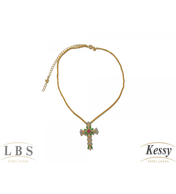 Gargantilha Choker LBS & Kessy Folheado Cruz + Pedras - 31cm Ajustável