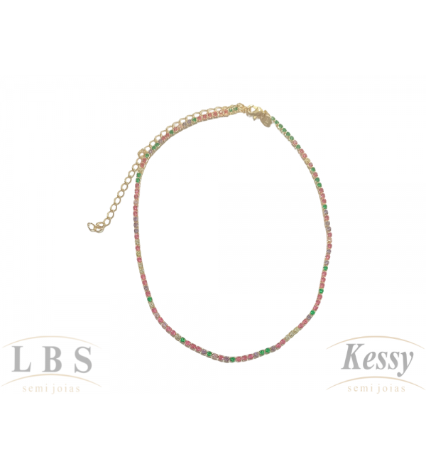 Gargantilha Choker LBS & Kessy Folheado Pedras Cores - 31cm Ajustável  