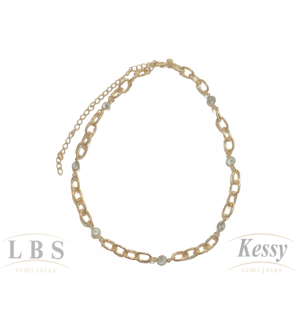 Gargantilha Choker LBS & Kessy Folheado Pedras + Corrente - 31cm Ajustável  