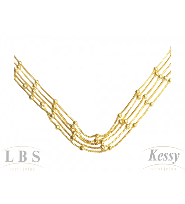 Gargantilha Choker LBS & Kessy Folheado Quádrupla + Bolinhas - 31cm Ajustável 