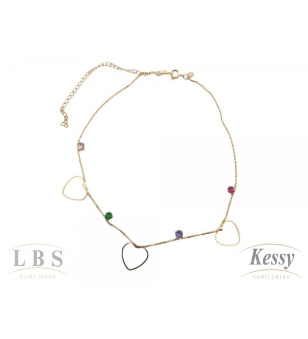 Gargantilha Choker LBS & Kessy Folheado Coração + Pedras - 31cm Ajustável