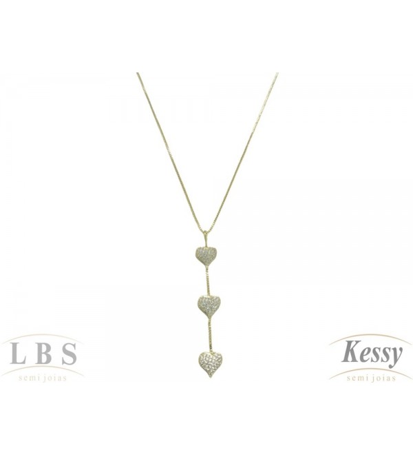 Gargantilha LBS & Kessy Folheado Gravatinha De Corações Com Pedras - 50cm 