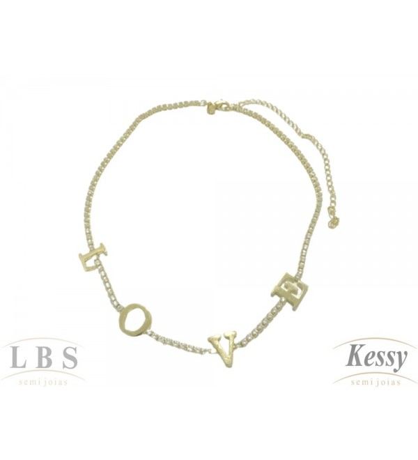 Gargantilha Choker LBS & Kessy Folheado Love + Pedras - 31cm Ajustável