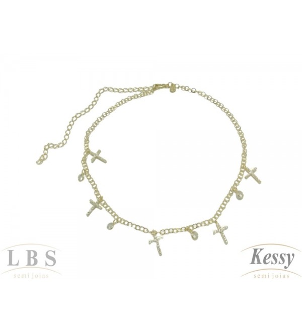 Gargantilha Choker LBS & Kessy Folheado Cruz + Pedras - 31cm Ajustável