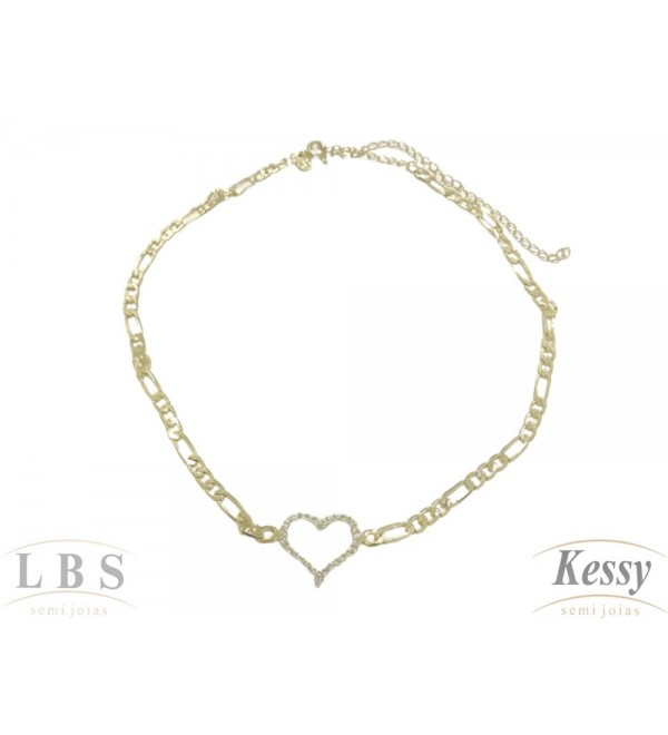 Gargantilha Choker LBS & Kessy Folheado Coração Com Pedras - 31cm Ajustável