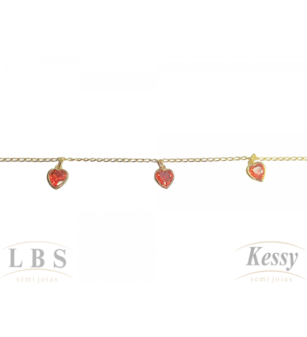 Tornozeleira LBS & Kessy Folheado Coração + Pedra Vermelha - 25cm 