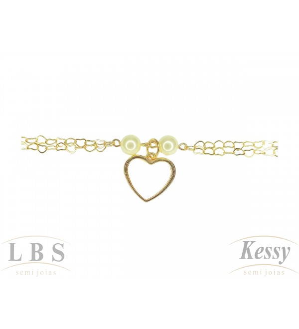 Pulseira LBS & Kessy Folheado Coração + Pérola - 19cm Ajustável