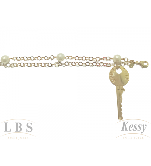 Pulseira LBS & Kessy Folheado Chave + Pérolas - 19cm 