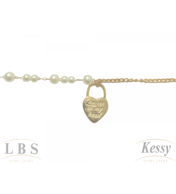 Pulseira LBS & Kessy Folheado Pérolas + Cadeado + Forever In My Heart - 19cm 