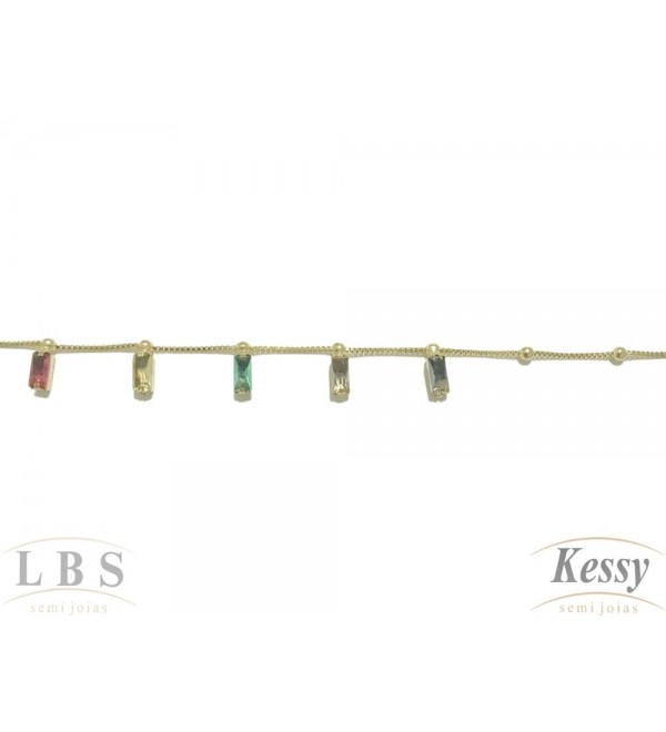 Pulseira LBS & Kessy Folheado Com Pedras Coloridas - 18cm Ajustável