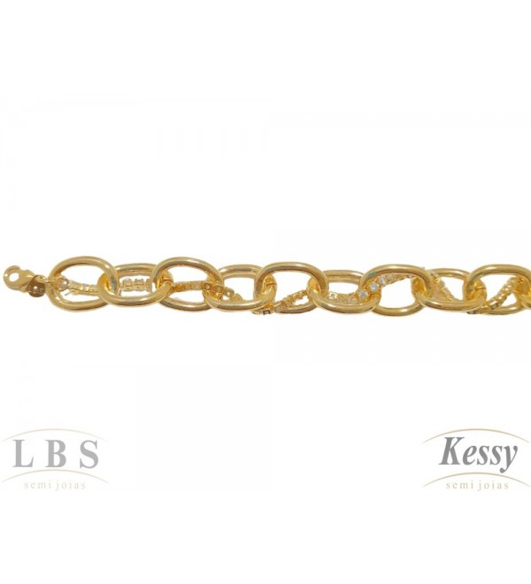 Pulseira LBS & Kessy Folheado Com Pedras + Argolas - 19cm Ajustável