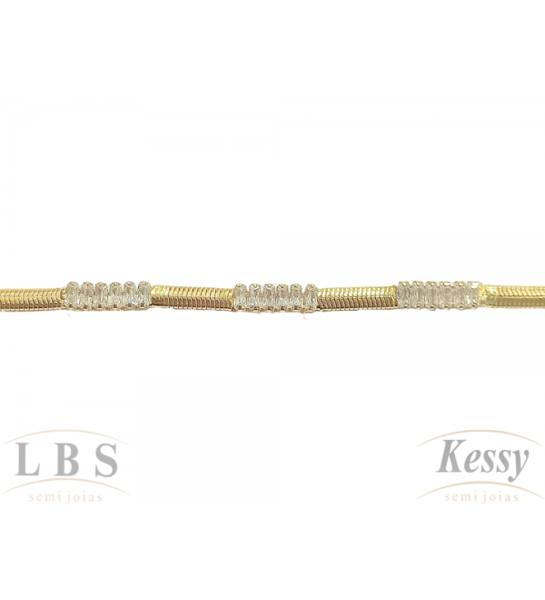 Pulseira LBS & Kessy Folheado Cobra + Pedras - 19cm Ajustável 