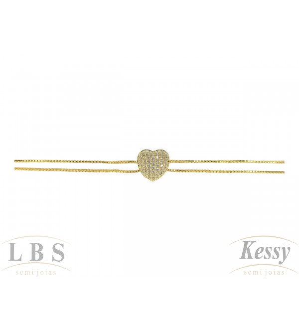 Pulseira LBS & Kessy Folheado Coração + Pedras - 19cm Ajustável