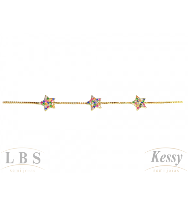 Pulseira Infantil LBS & Kessy Folheado Estrela + Zircônias Coloridas - 15cm