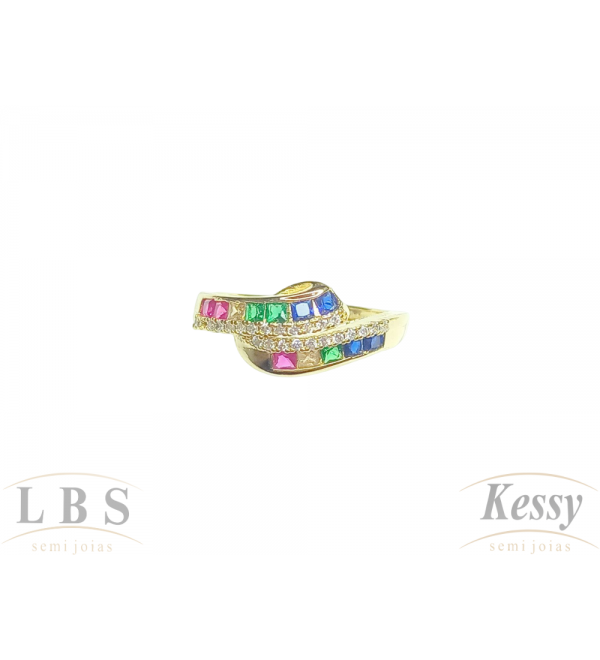 Anel LBS & Kessy Folheado Moderna + Micro Zircônia + Zircônia Colorida + Pedra
